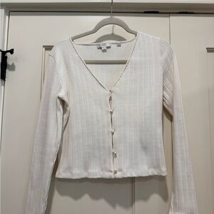 Vince Cream Ribbed Long-Sleeve V-Neck Button Top